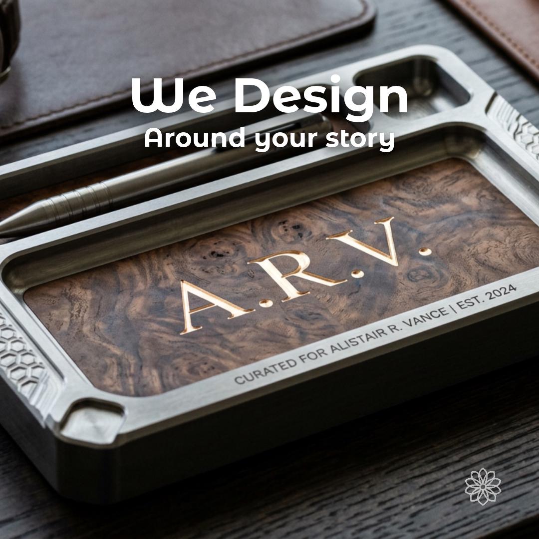 Custom designed walnut and machined aluminum tray personalized for its owner. Bespoke product design, private commissions, luxury fabrication, CNC machining, heirloom accessories, personalized gifts, custom engineering, and artisan craftsmanship.