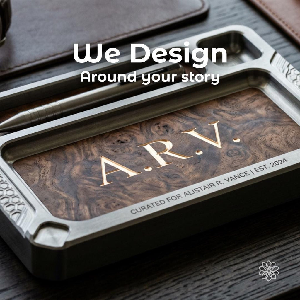 Custom designed walnut and machined aluminum tray personalized for its owner. Bespoke product design, private commissions, luxury fabrication, CNC machining, heirloom accessories, personalized gifts, custom engineering, and artisan craftsmanship.