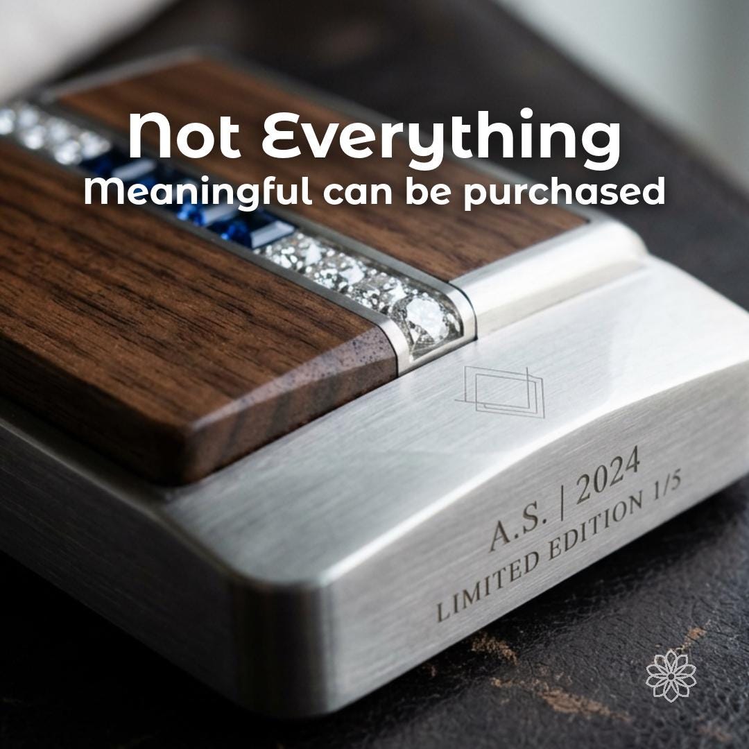 Limited edition luxury commission featuring engraved stainless steel, walnut, and diamond inlay details. Custom heirloom fabrication, collector pieces, numbered editions, bespoke craftsmanship, personalized keepsakes, luxury desk accessories, and private commissions.