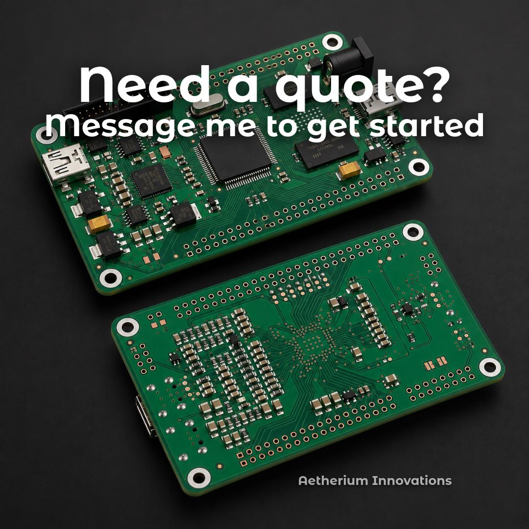 Finished custom circuit boards with surface-mount electronics, connectors, and precision routing. Contact Aetherium Innovations for a quote on CNC PCB prototypes, production boards, assembly support, or broader electronics fabrication.