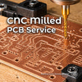 CNC milling a custom copper circuit board with routed PCB traces, drilled mounting holes, and precision cut features for one-off electronics prototypes, maker projects, robotics, controllers, and early-stage product development.