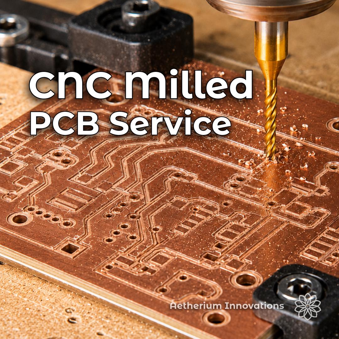 CNC milling a custom copper circuit board with routed PCB traces, drilled mounting holes, and precision cut features for one-off electronics prototypes, maker projects, robotics, controllers, and early-stage product development.