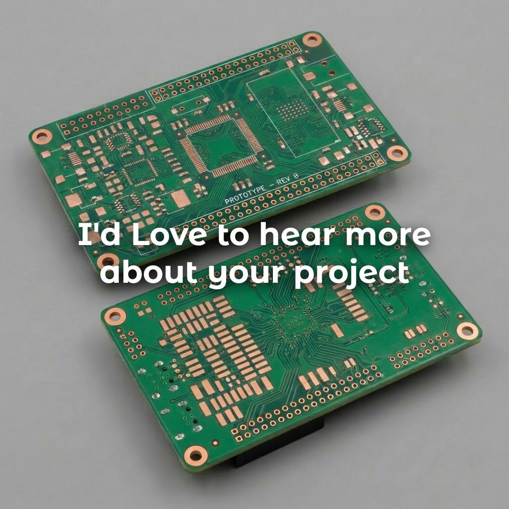 Two custom green prototype circuit boards with copper pads, fine traces, mounting holes, and component footprints, inviting makers and product developers to discuss custom PCB fabrication and electronics development needs.