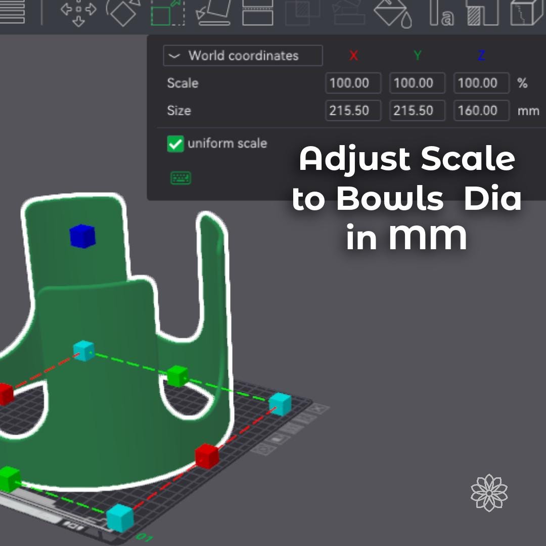Dog bowl riser model selected inside 3D-printing software with uniform scaling controls visible. The model can be resized by entering the pet bowl’s measured diameter in millimeters before slicing and printing.