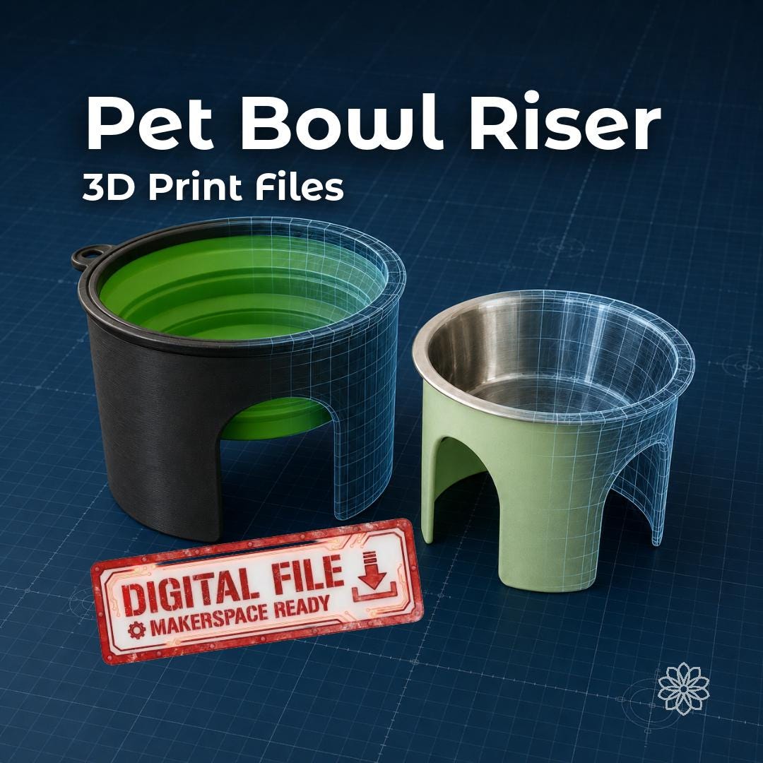 Digital 3D-printing project file for elevated dog bowl risers, shown as two finished printed stands holding a collapsible green travel bowl and a stainless-steel pet bowl, with partial CAD wireframes illustrating the printable model design.