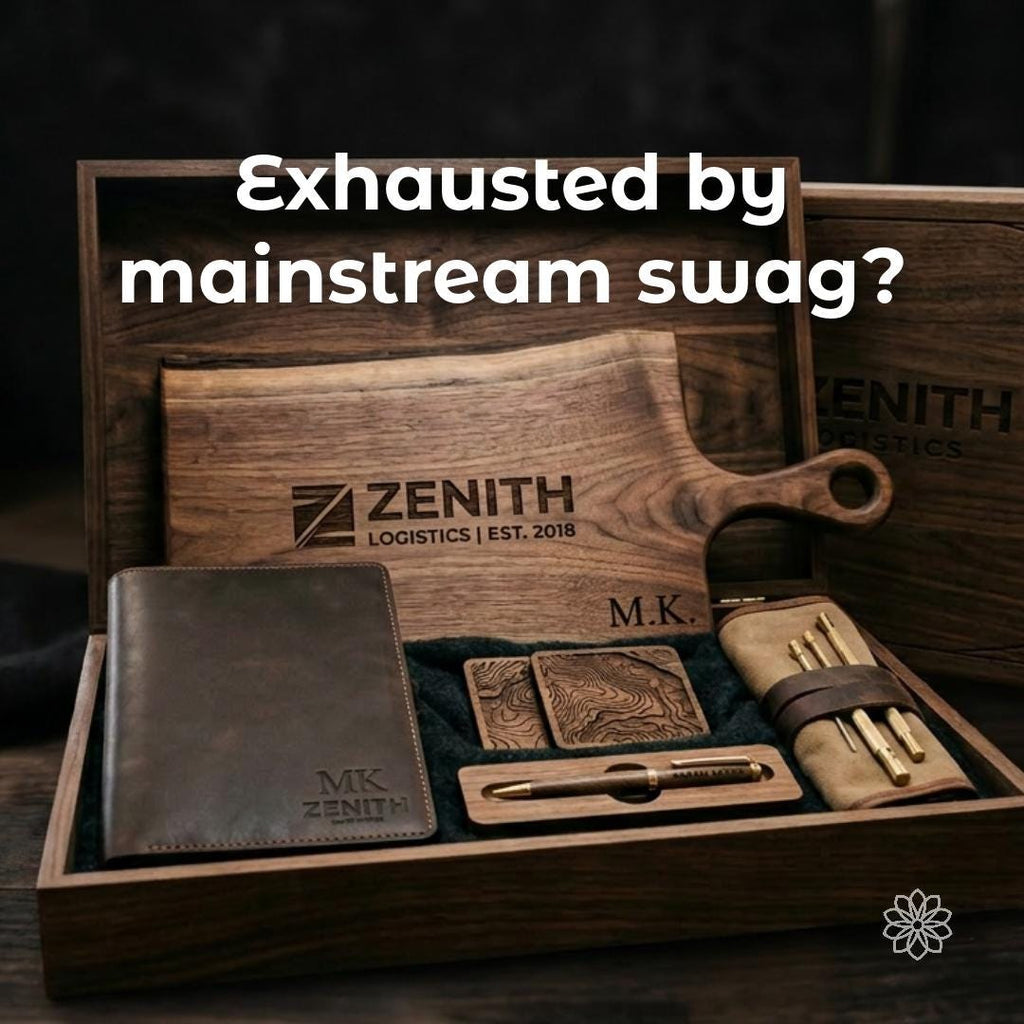 Premium corporate gift set in a walnut presentation box with a branded cutting board, leather notebook, coasters, pen, and tool roll. White headline asks, “Exhausted by mainstream swag?” to address the problem of generic, forgettable business gifts.