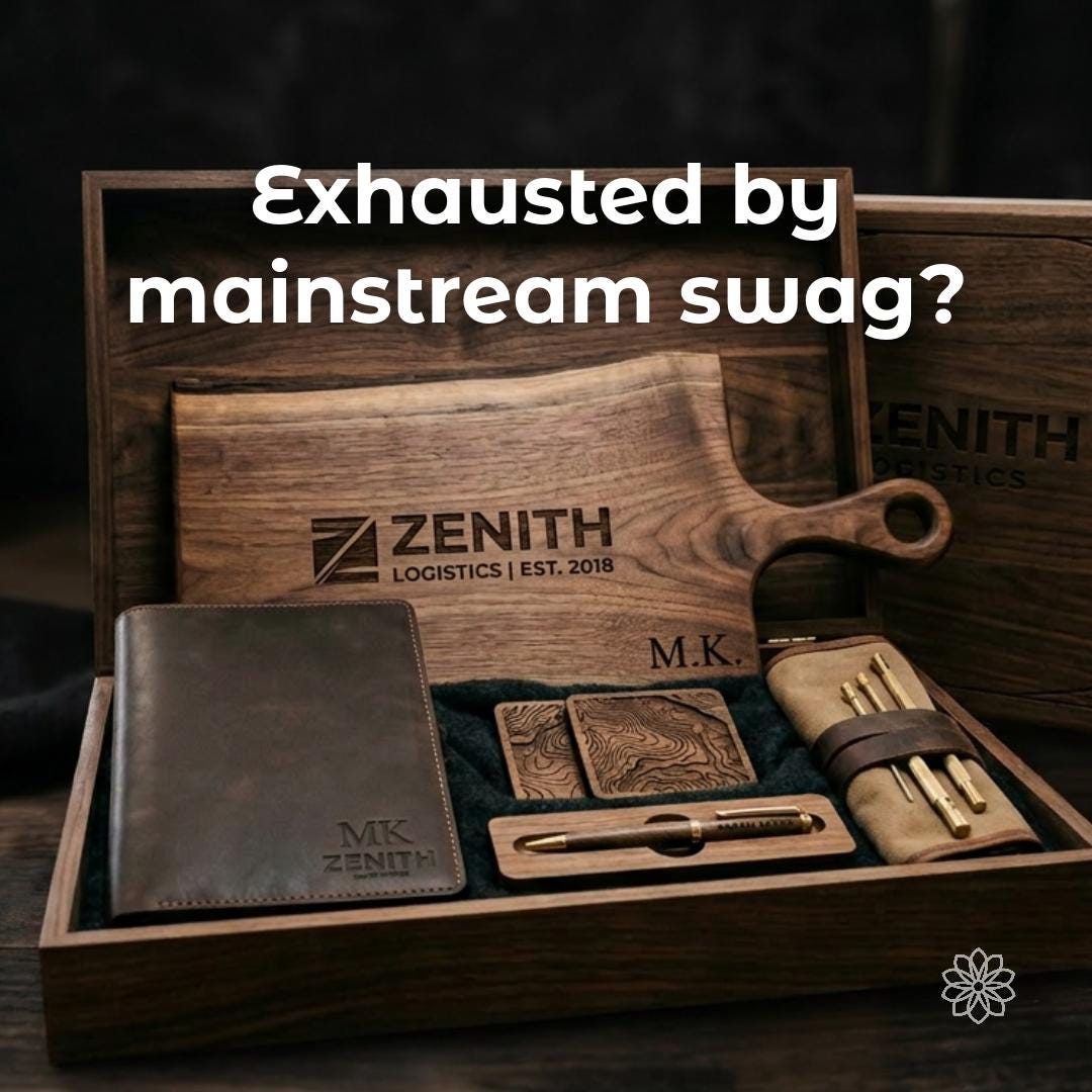 Premium corporate gift set in a walnut presentation box with a branded cutting board, leather notebook, coasters, pen, and tool roll. White headline asks, “Exhausted by mainstream swag?” to address the problem of generic, forgettable business gifts.