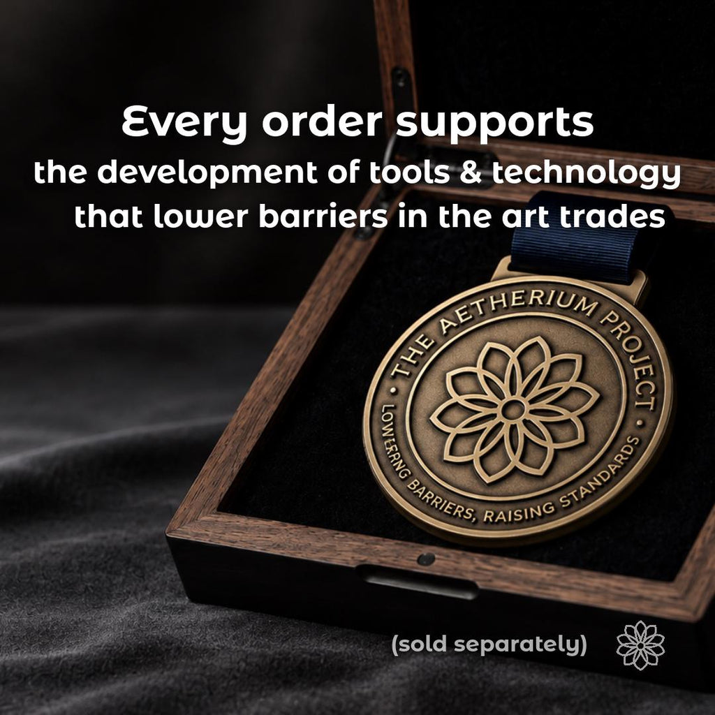 Bronze Aetherium Project medal with the geometric flower emblem displayed in a walnut presentation case. Text explains that each order supports Aetherium’s development of tools and technologies that lower barriers in the skilled art trades.