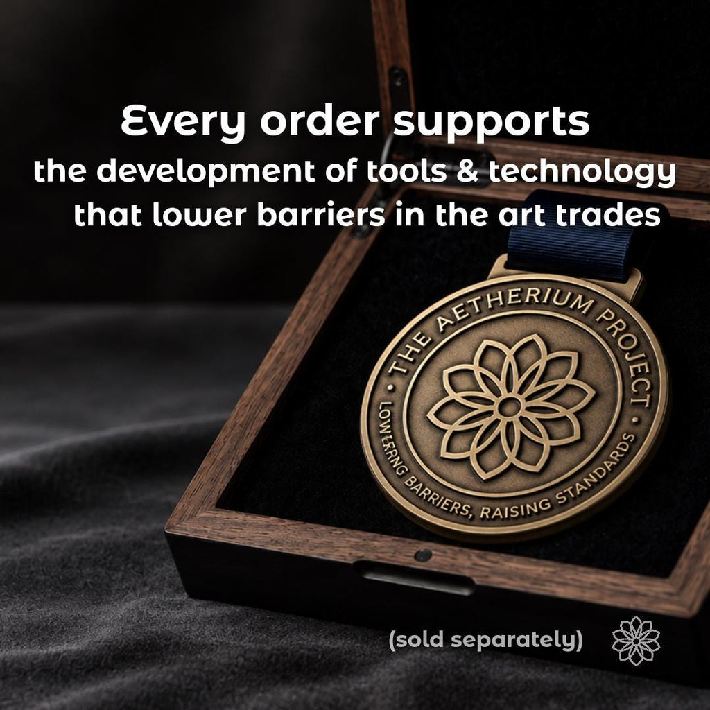Bronze Aetherium Project medal with the geometric flower emblem displayed in a walnut presentation case. Text explains that each order supports Aetherium’s development of tools and technologies that lower barriers in the skilled art trades.