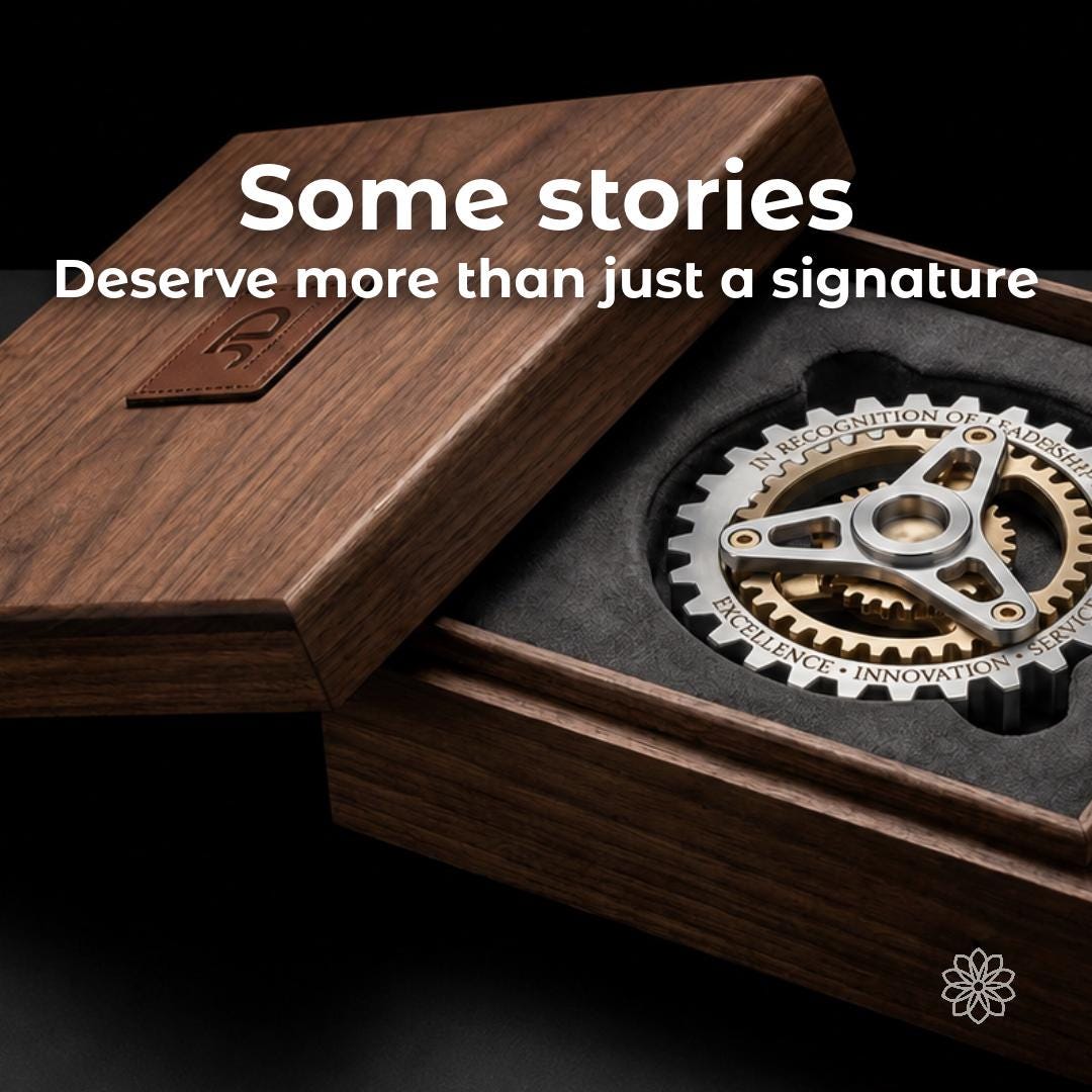 Precision-machined heirloom sculpture displayed inside a handcrafted walnut presentation box. Custom private commissions for milestone gifts, executive recognition, retirement keepsakes, family legacies, collectors, and one-of-a-kind luxury objects made to preserve meaningful stories.