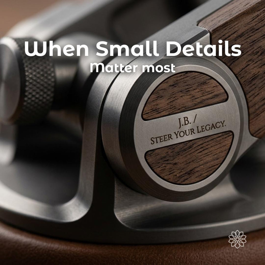 Close-up of engraved stainless steel and figured walnut craftsmanship highlighting personalized details on a custom heirloom object. Precision CNC machining, luxury fabrication, bespoke engraving, collector-quality workmanship, artisan engineering, and handcrafted legacy pieces.