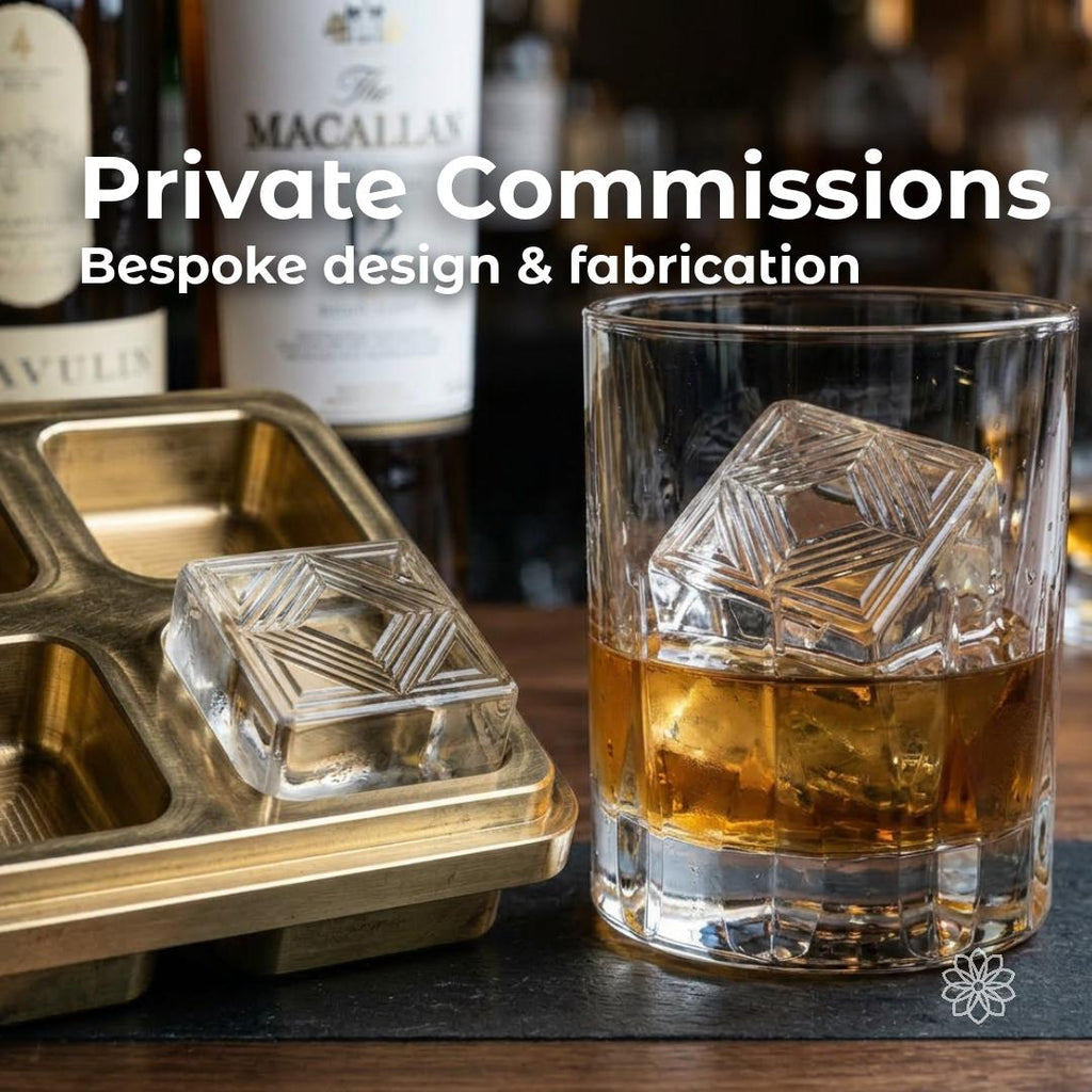 Private bespoke commission service featuring a custom engraved whiskey ice mold and luxury barware. Aetherium Innovations creates one-of-a-kind heirlooms, personalized gifts, custom fabrication, luxury accessories, and handcrafted keepsakes designed around your story.