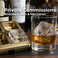 Private bespoke commission service featuring a custom engraved whiskey ice mold and luxury barware. Aetherium Innovations creates one-of-a-kind heirlooms, personalized gifts, custom fabrication, luxury accessories, and handcrafted keepsakes designed around your story.
