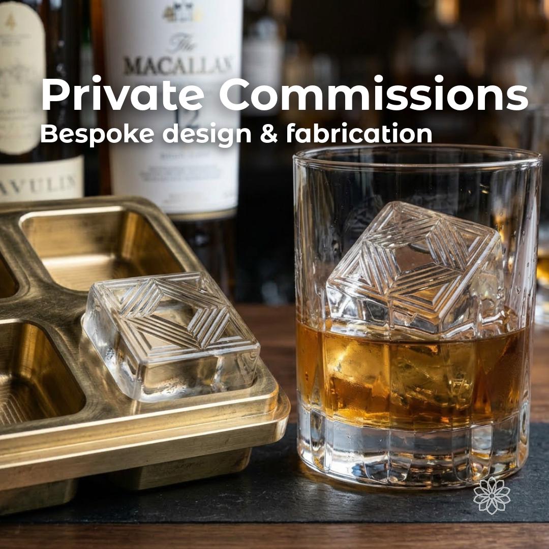 Private bespoke commission service featuring a custom engraved whiskey ice mold and luxury barware. Aetherium Innovations creates one-of-a-kind heirlooms, personalized gifts, custom fabrication, luxury accessories, and handcrafted keepsakes designed around your story.