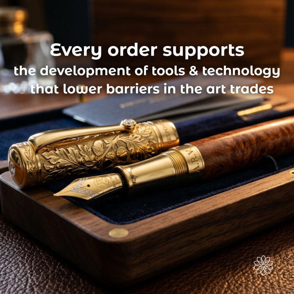 Luxury handcrafted fountain pen presented in a walnut display case representing Aetherium Innovations' mission to build meaningful tools, heirlooms, and technologies through bespoke engineering, artisan craftsmanship, and personalized private commissions.