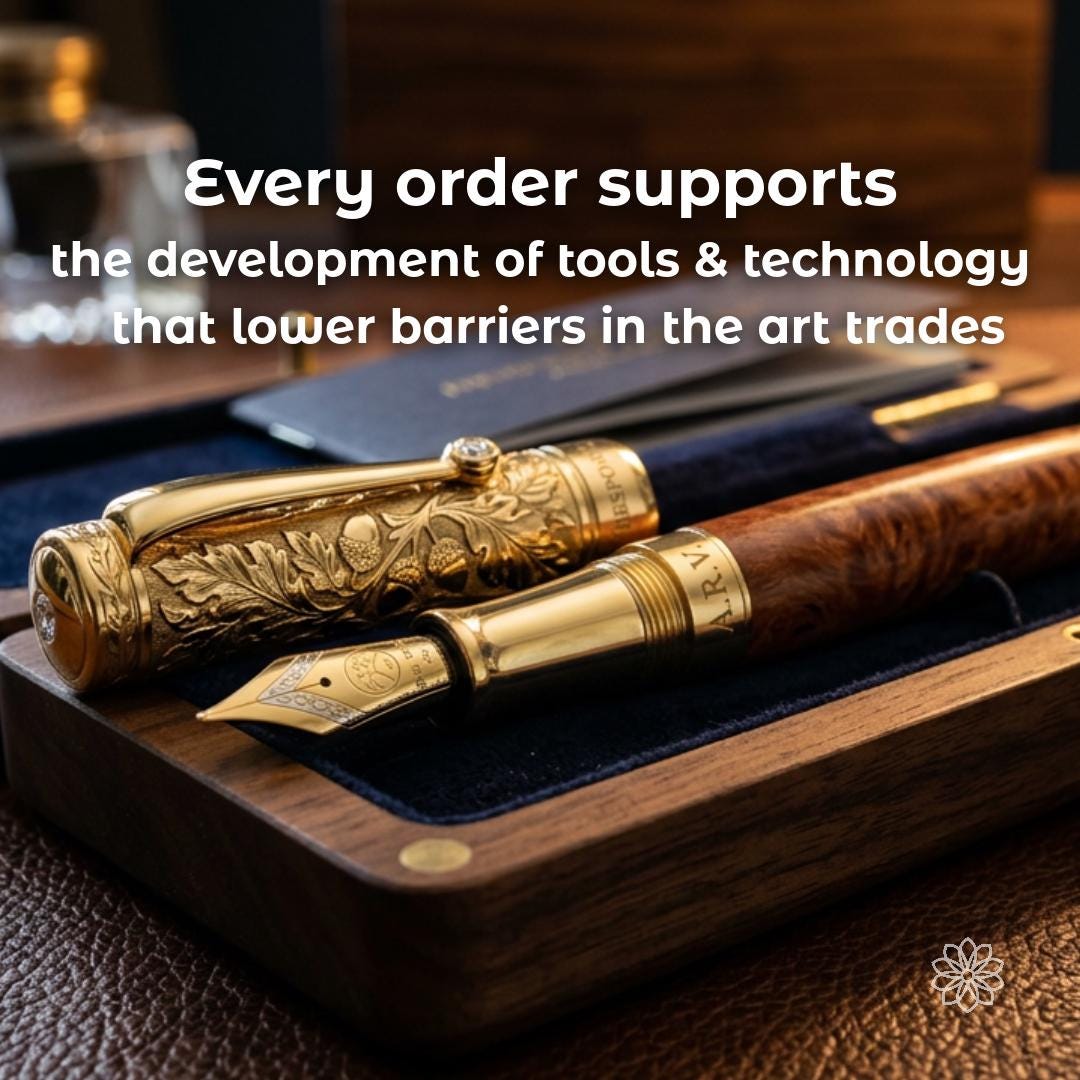 Luxury handcrafted fountain pen presented in a walnut display case representing Aetherium Innovations' mission to build meaningful tools, heirlooms, and technologies through bespoke engineering, artisan craftsmanship, and personalized private commissions.
