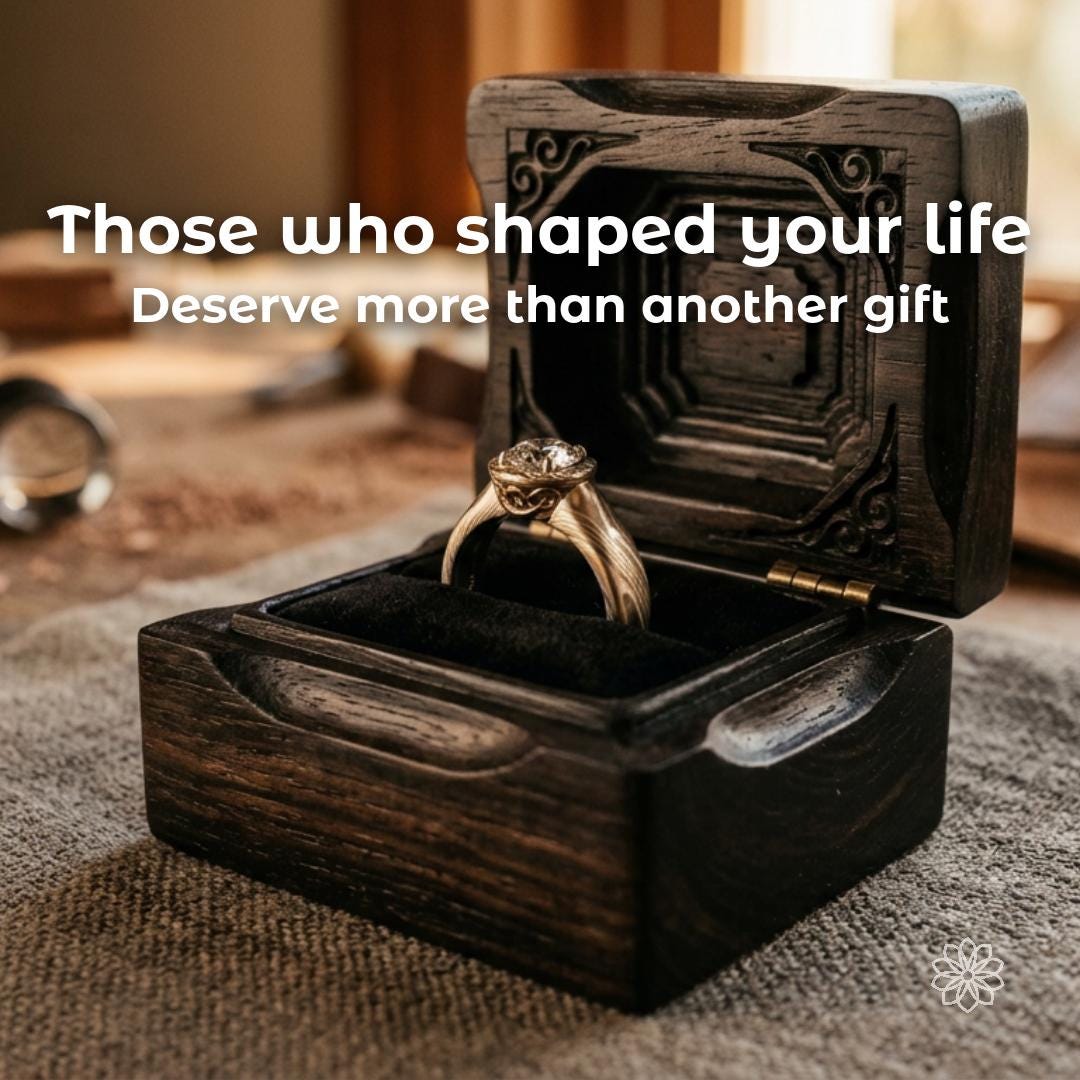 Handcrafted wooden ring box displaying a custom engagement ring created as a future family heirloom. Bespoke proposal accessories, wedding keepsakes, luxury woodworking, personalized jewelry presentation, handcrafted commissions, and meaningful milestone gifts.