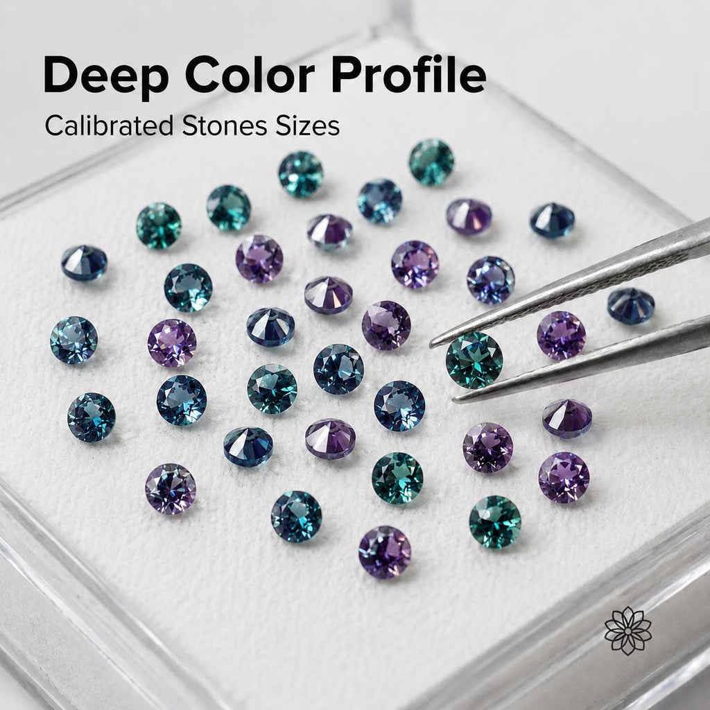 Tweezers lift one calibrated 2mm Czochralski alexandrite from a tray of matched round melee stones. The image shows consistent size, clean faceting, and deep teal-to-purple color behavior for jewelers who need reliable alexandrite accent stones for pavé, side stones, repairs, and small production settings.
