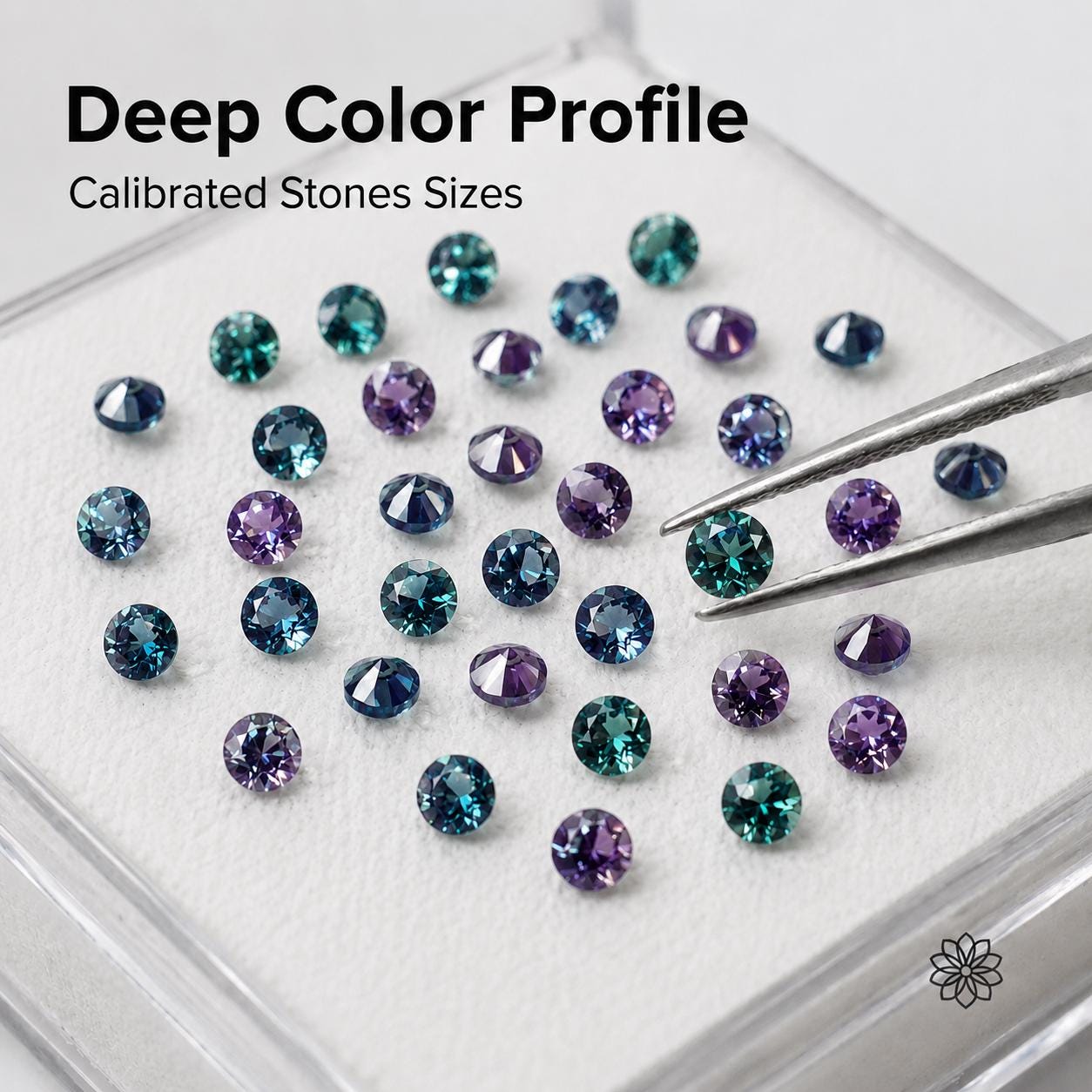 Tweezers lift one calibrated 2mm Czochralski alexandrite from a tray of matched round melee stones. The image shows consistent size, clean faceting, and deep teal-to-purple color behavior for jewelers who need reliable alexandrite accent stones for pavé, side stones, repairs, and small production settings.