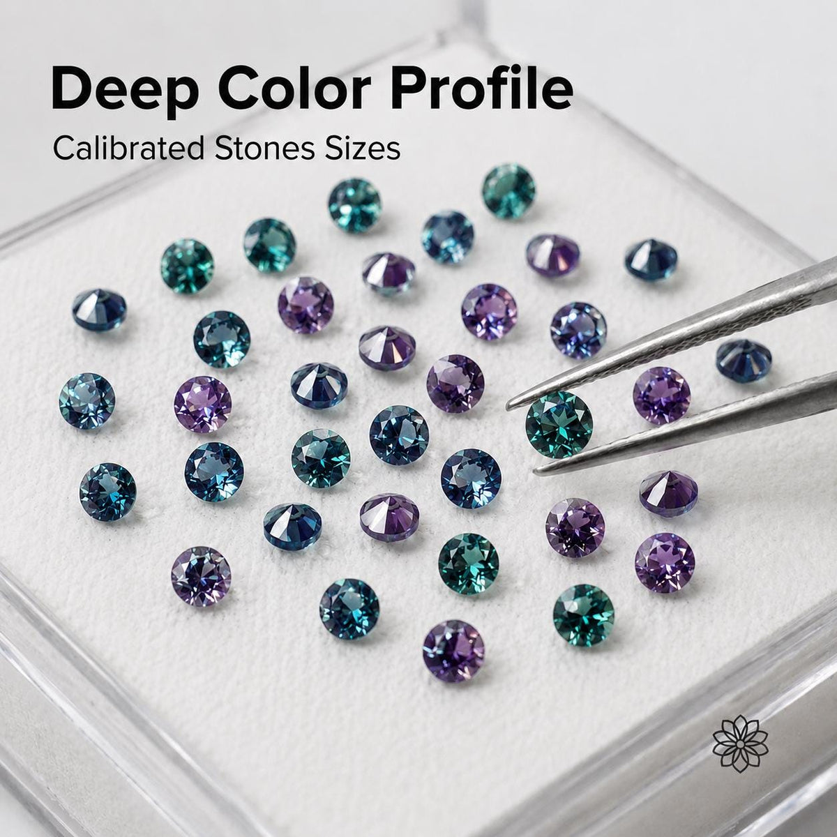 Tweezers lift one calibrated 2mm Czochralski alexandrite from a tray of matched round melee stones. The image shows consistent size, clean faceting, and deep teal-to-purple color behavior for jewelers who need reliable alexandrite accent stones for pavé, side stones, repairs, and small production settings.
