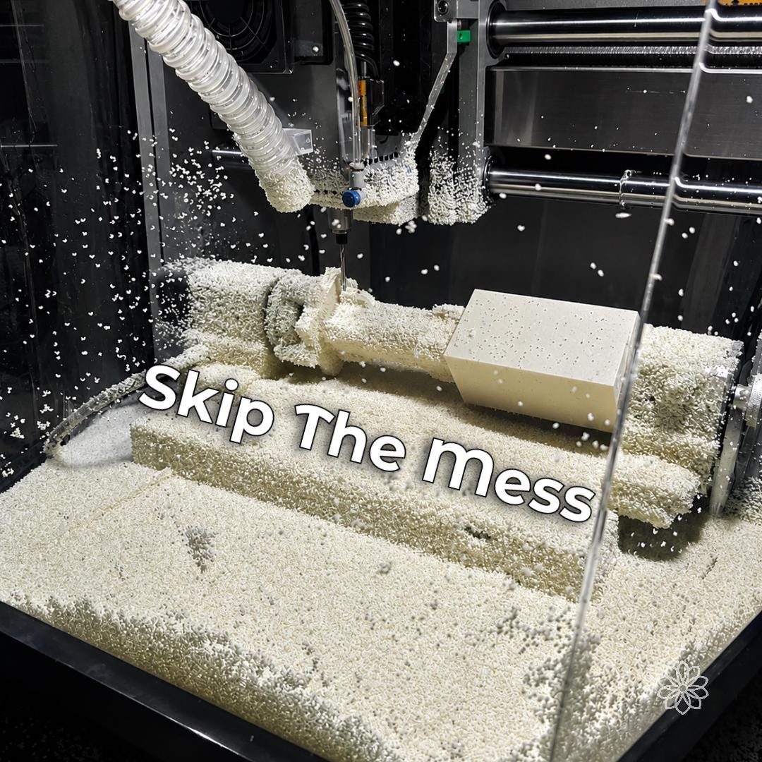 Desktop CNC enclosure filled with white machining chips around the spindle, dust hose, workholding, and workpiece, with debris visible across the cutting area.