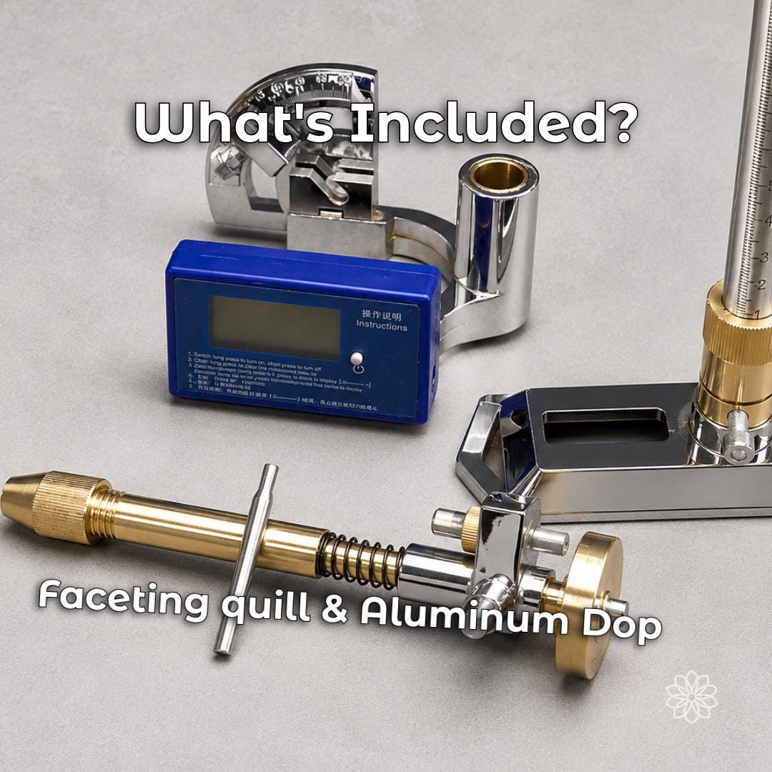 Faceting mast kit components shown laid out on a light background, including the faceting quill with aluminum dop, blue digital angle finder, mast assembly, and mounting hardware.