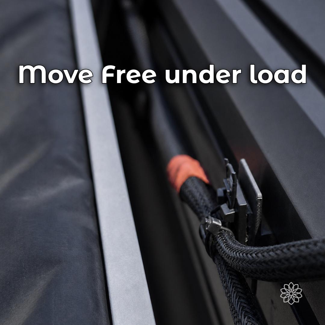 RTT cable mount holding a braided cable route inside a camper under load movement.