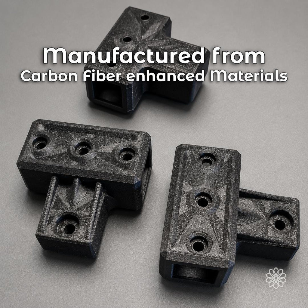 Carbon-fiber-enhanced 2020 mounting brackets shown from above with mounting holes visible.