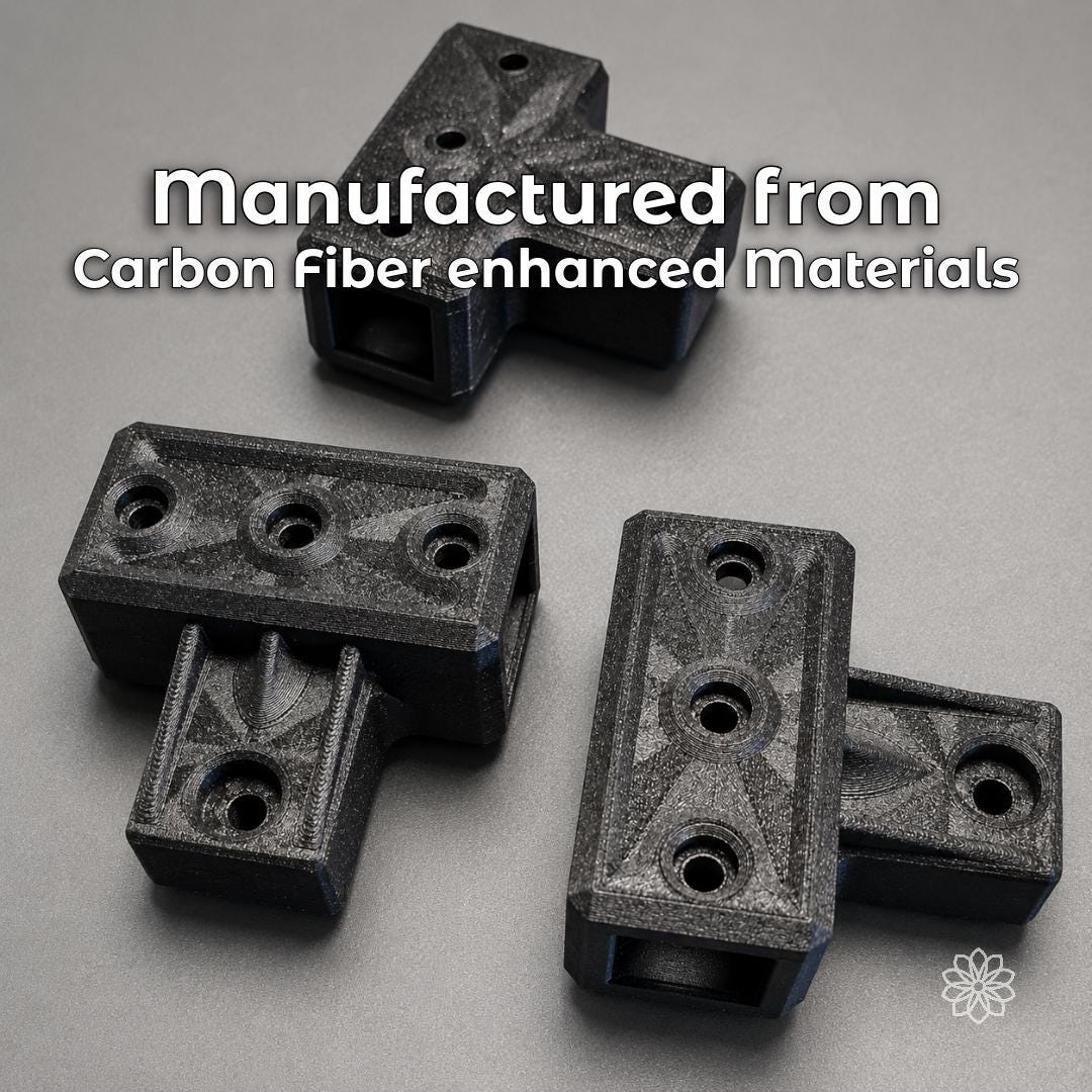 Carbon-fiber-enhanced 2020 mounting brackets shown from above with mounting holes visible.