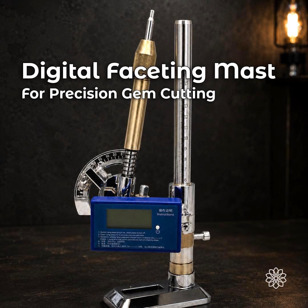 Digital faceting mast upgrade for VEVOR-style gem cutting machines, shown assembled with faceting quill, engraved height scale, and blue digital angle finder for precision gem cutting.
