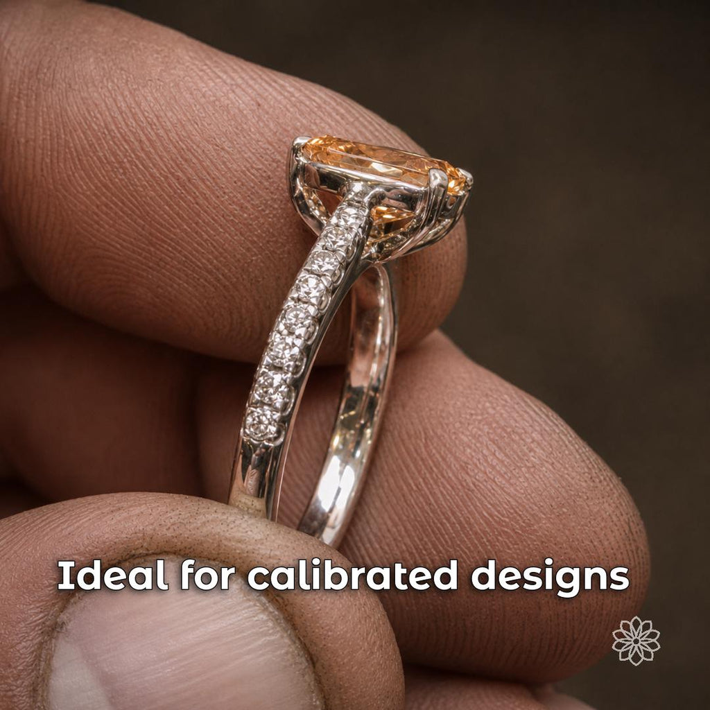 Close-up of a faceted orange center stone in a prong setting with a halo and side stones as calibrated setting context