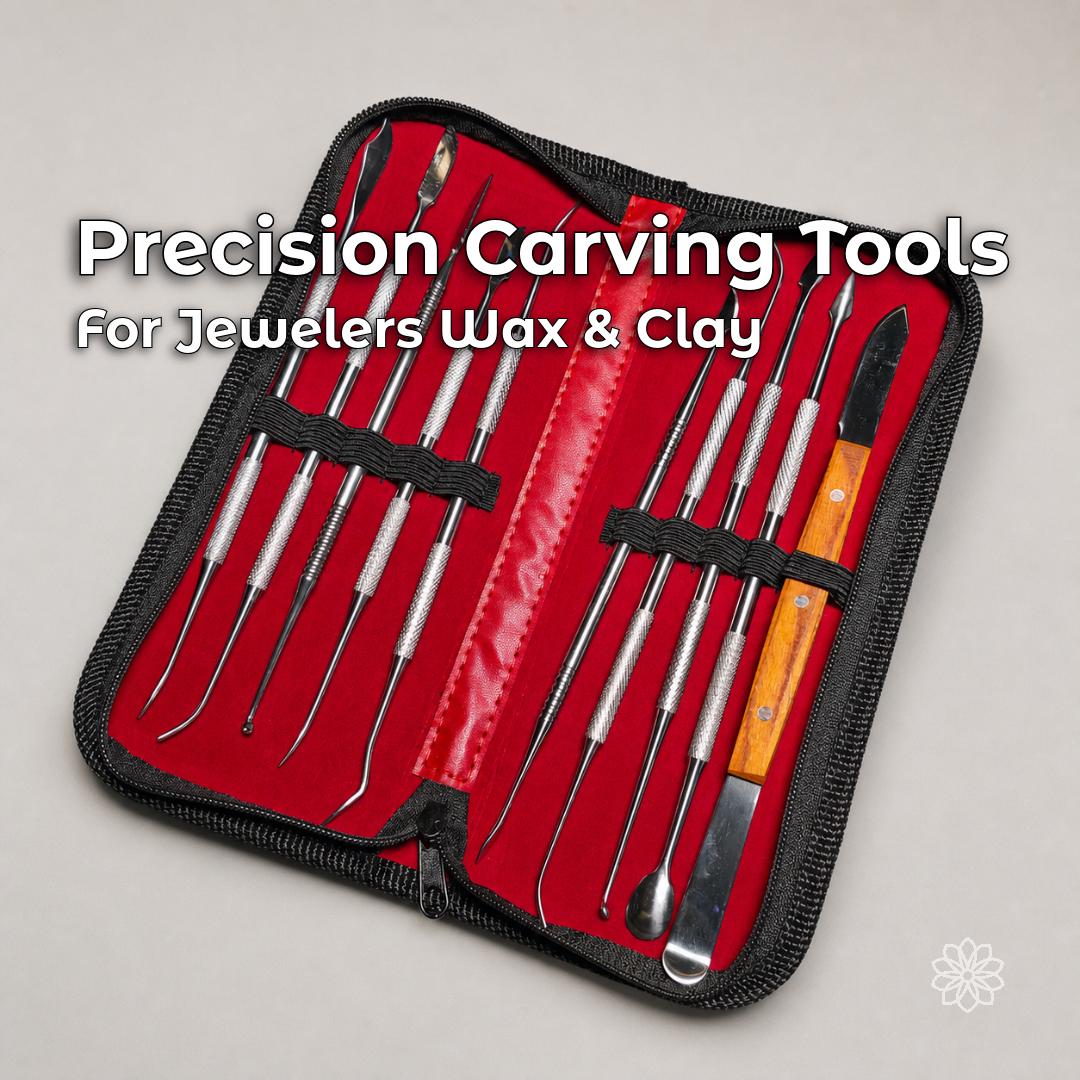 11-piece jewelry wax carving tool set arranged in an open red-lined zippered case with ten double-ended instruments and a wooden-handled wax knife