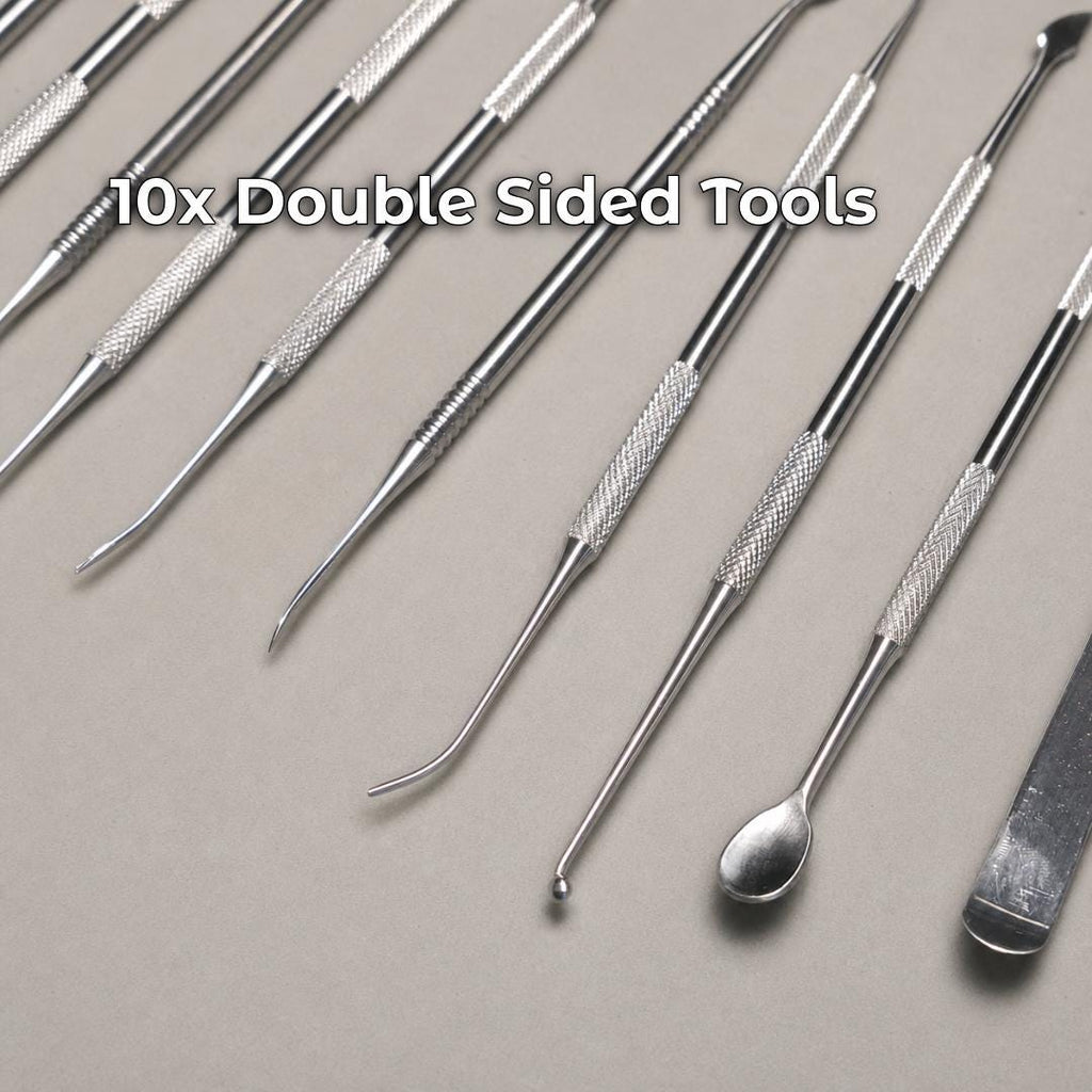 Ten double-ended metal wax and clay carving instruments showing knurled grips and varied fine-detail working profiles