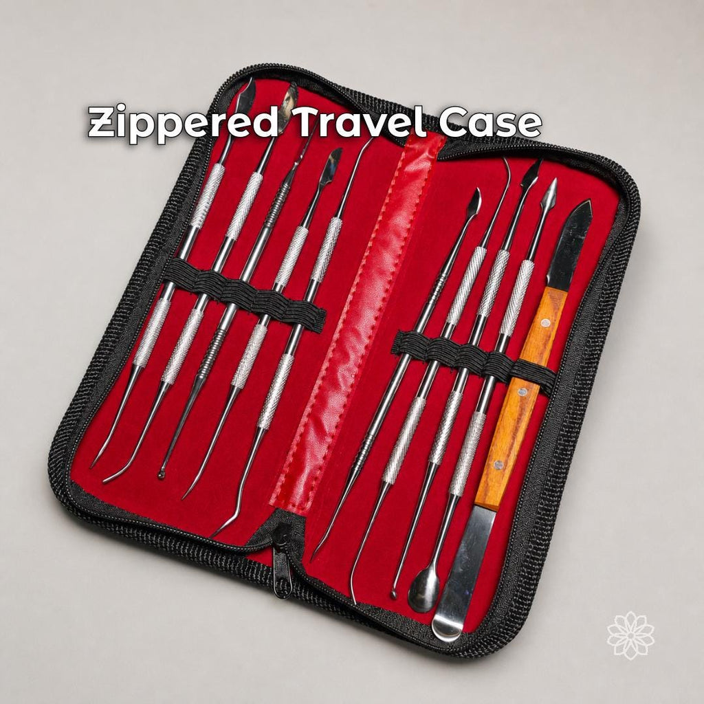 Complete jewelry wax carving set secured by elastic retainers inside the open black zippered travel case with red lining