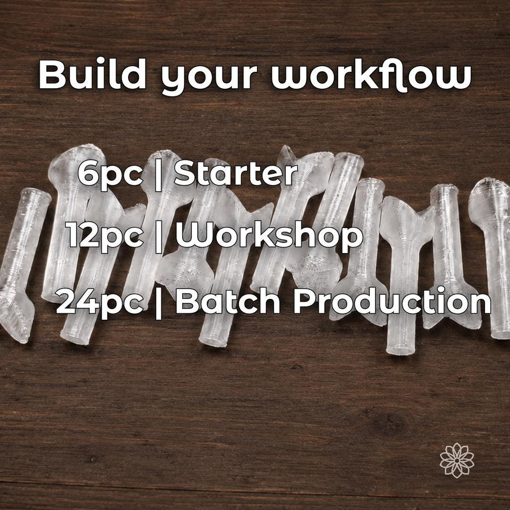 Bulk polycarbonate lapidary dop sticks arranged on a dark wood workbench with text showing 6-piece starter, 12-piece maker and 24-piece batch-production options. The image explains available pack quantities for hobby faceting, regular bench use and higher-volume gemstone cutting workflows.