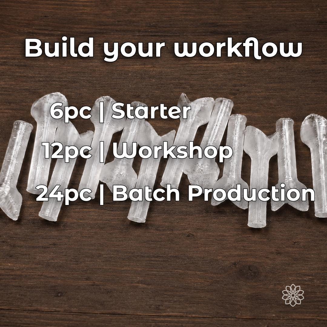 Bulk polycarbonate lapidary dop sticks arranged on a dark wood workbench with text showing 6-piece starter, 12-piece maker and 24-piece batch-production options. The image explains available pack quantities for hobby faceting, regular bench use and higher-volume gemstone cutting workflows.