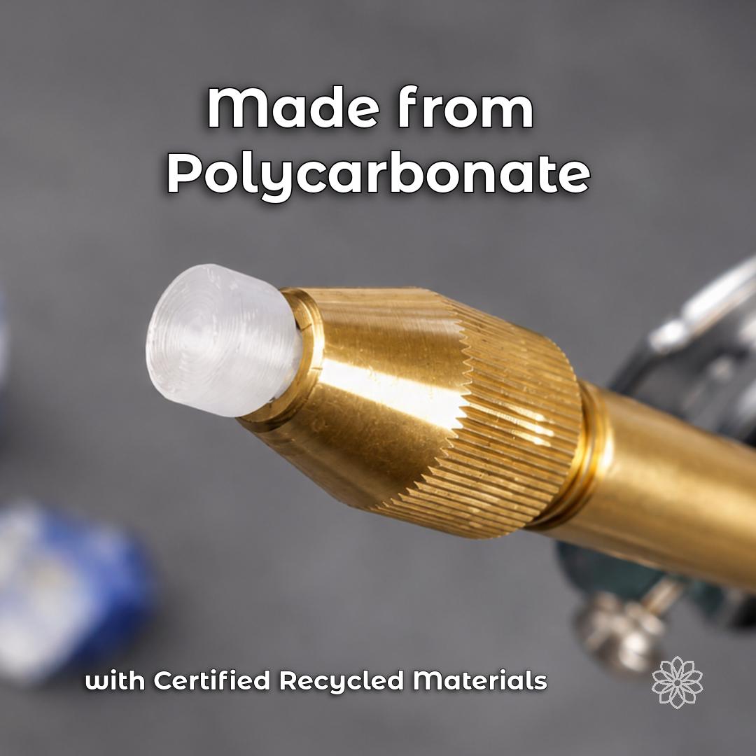 Transparent polycarbonate dop stick installed in a brass 6 mm faceting quill. The image identifies the kit’s material as polycarbonate made with at least 50 percent certified recycled content for reusable gemstone dopping tools.