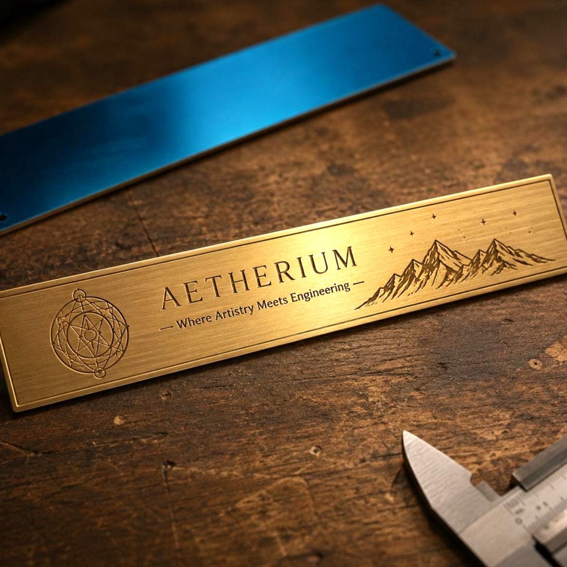 a cnc machined motif on a 2x8 brass plaque. engraving features elegant mountains and the Aetherium logo.