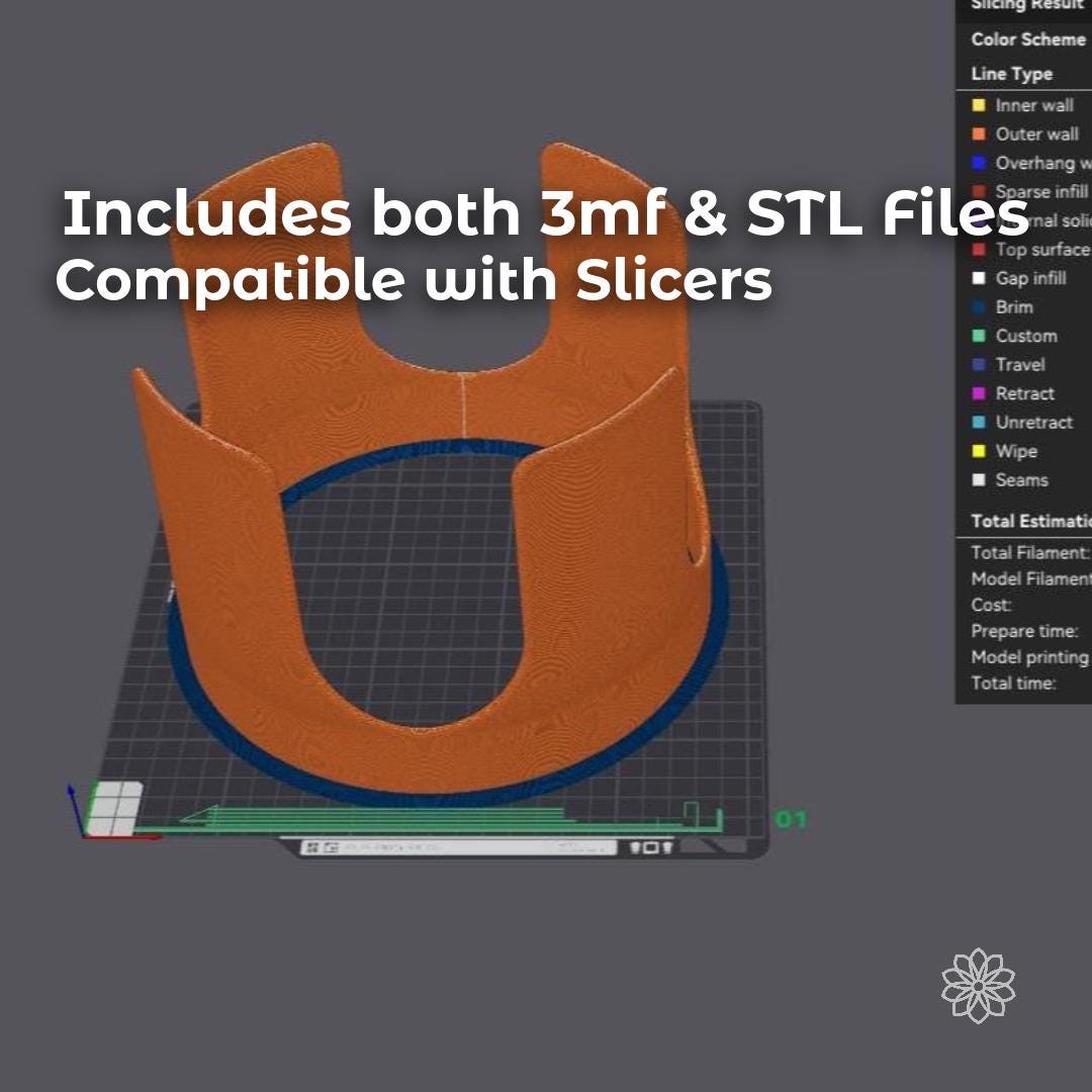 Orange dog bowl riser model displayed inside 3D-printing slicer software, showing the circular bowl opening, four supporting legs and print orientation. The digital download includes both STL and 3MF model files.