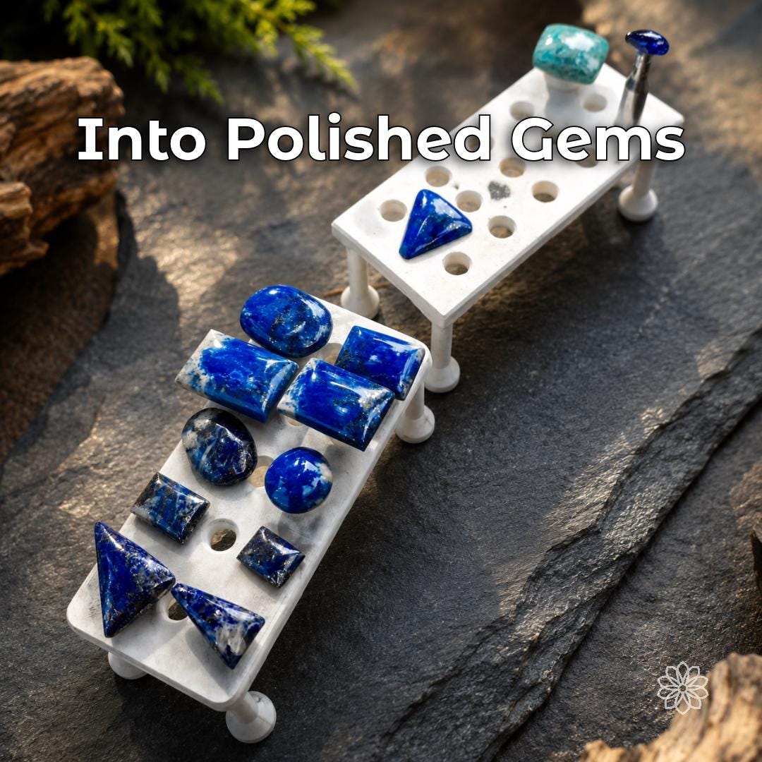 Finished polished lapis lazuli cabochons in rectangular, round, oval, triangular, and freeform shapes displayed on lapidary stands. The image shows the polished gemstone results produced through progressive diamond grinding and soft resin wheel finishing.