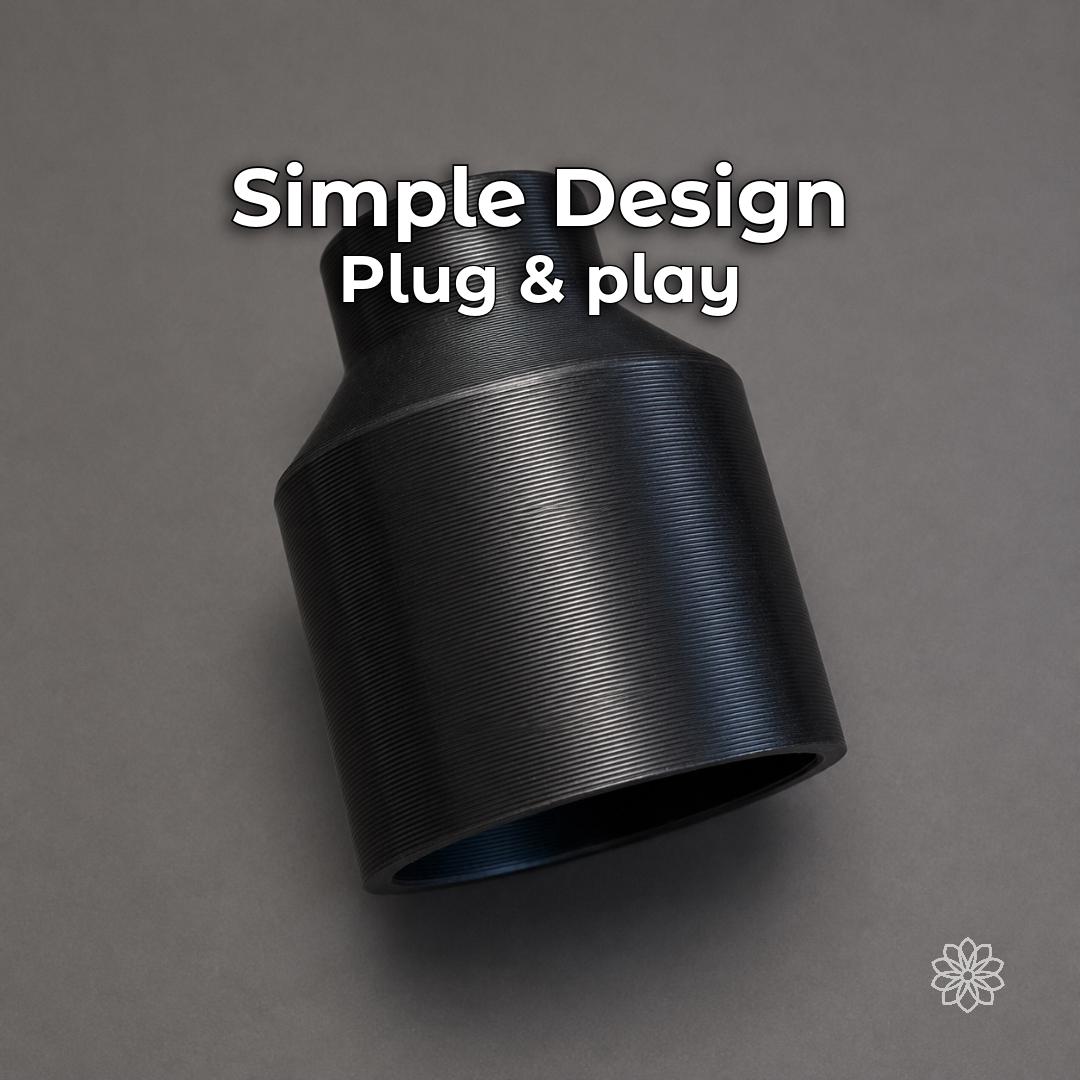 Makera Carvera Air shop-vac adapter with black 3D-printed construction, shown alone on gray with a tapered cylindrical body, wide hose opening, and smaller machine-side connection.