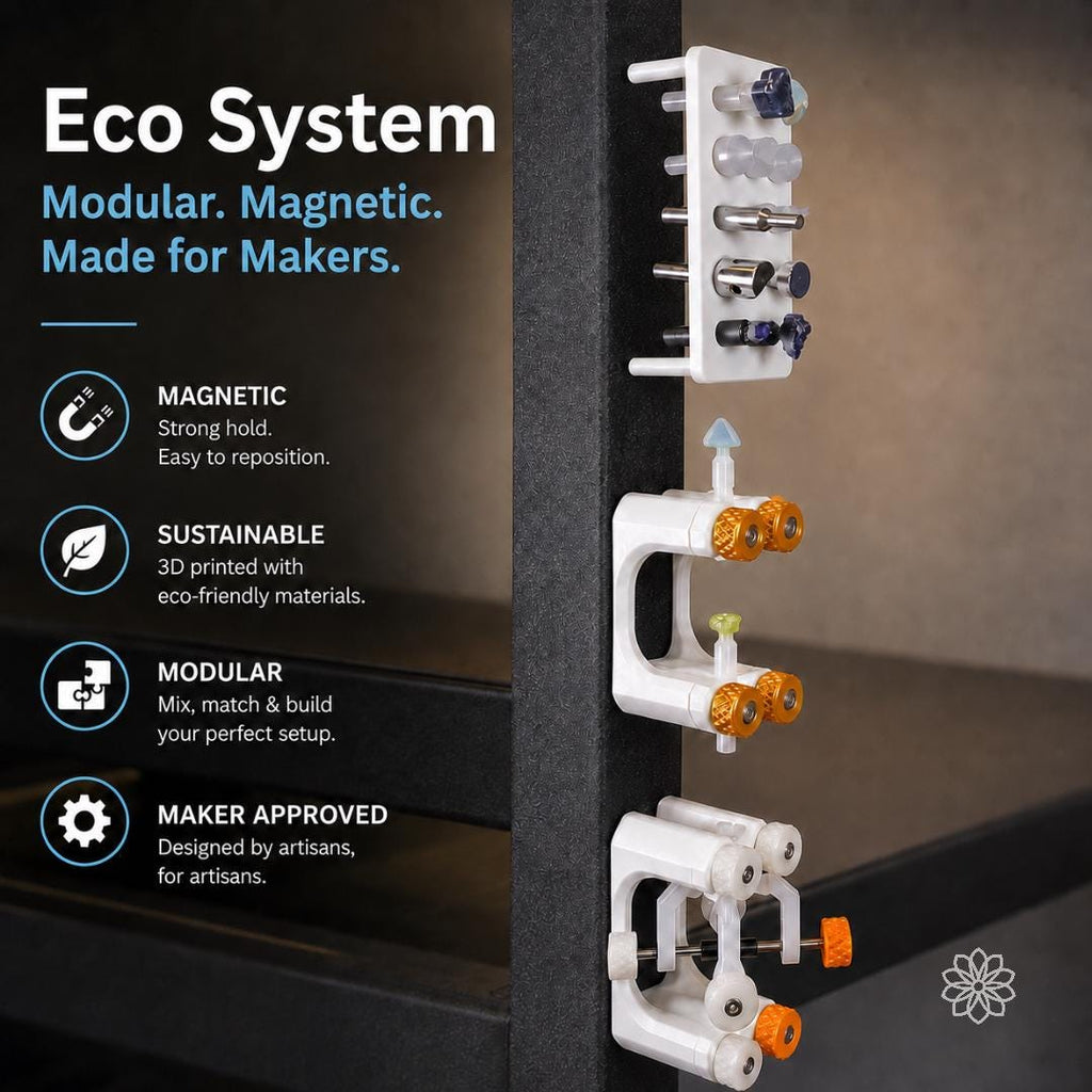 Aetherium modular lapidary tool ecosystem mounted magnetically to a vertical black workshop frame. The display includes a white dop stand with gemstone tools, a compact holding fixture, and a Gem Xfer transfer station with orange adjustment knobs. The image demonstrates repositionable storage and an organized gem-cutting workspace.