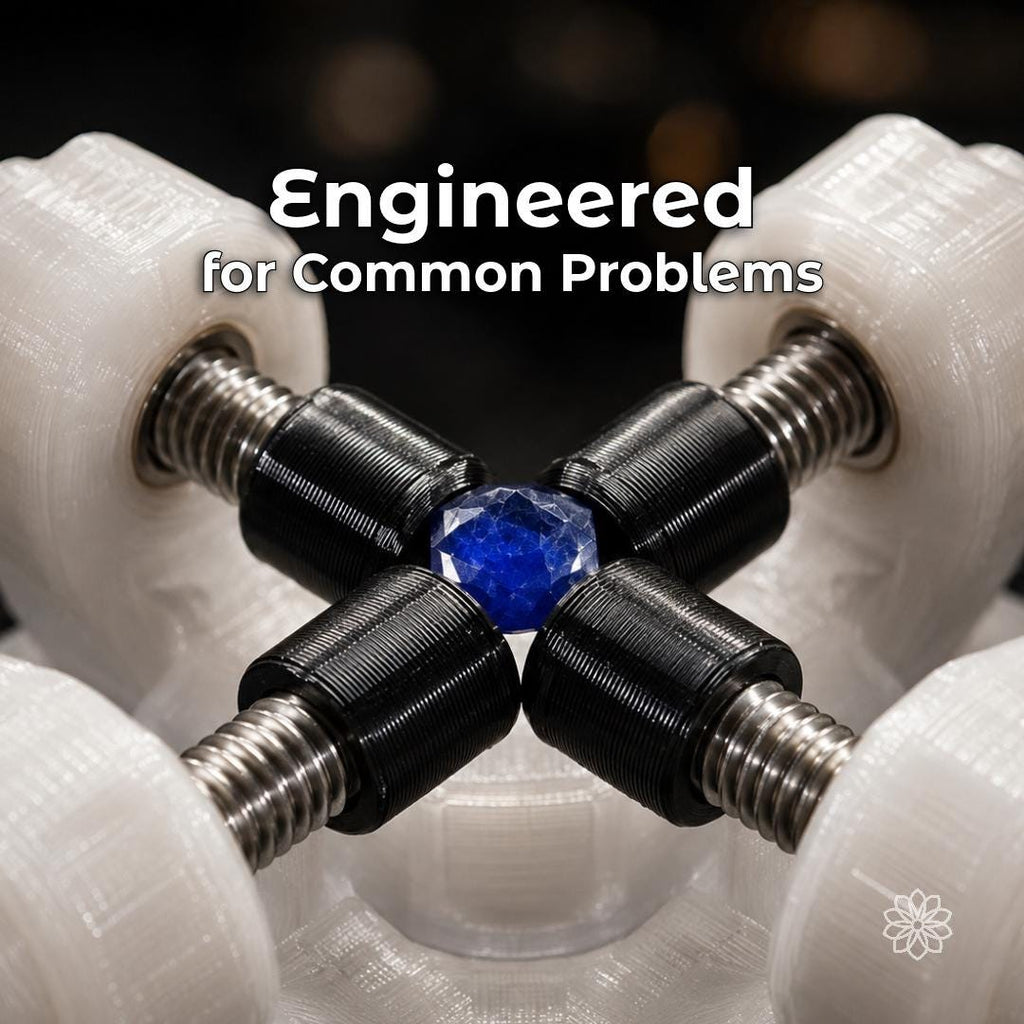 Close-up of the Aetherium Gem Axis holding a blue faceted gemstone between four adjustable black supports. The clear 3D-printed alignment jig uses threaded metal adjusters to center, reposition, and stabilize stones during dopping, redopping, repair, and precision placement workflows.