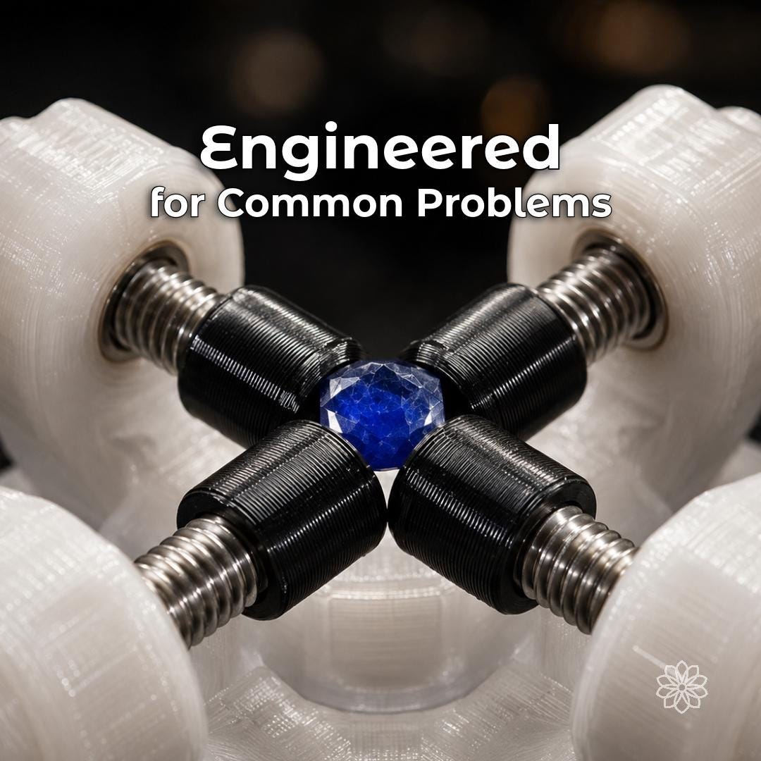 Close-up of the Aetherium Gem Axis holding a blue faceted gemstone between four adjustable black supports. The clear 3D-printed alignment jig uses threaded metal adjusters to center, reposition, and stabilize stones during dopping, redopping, repair, and precision placement workflows.