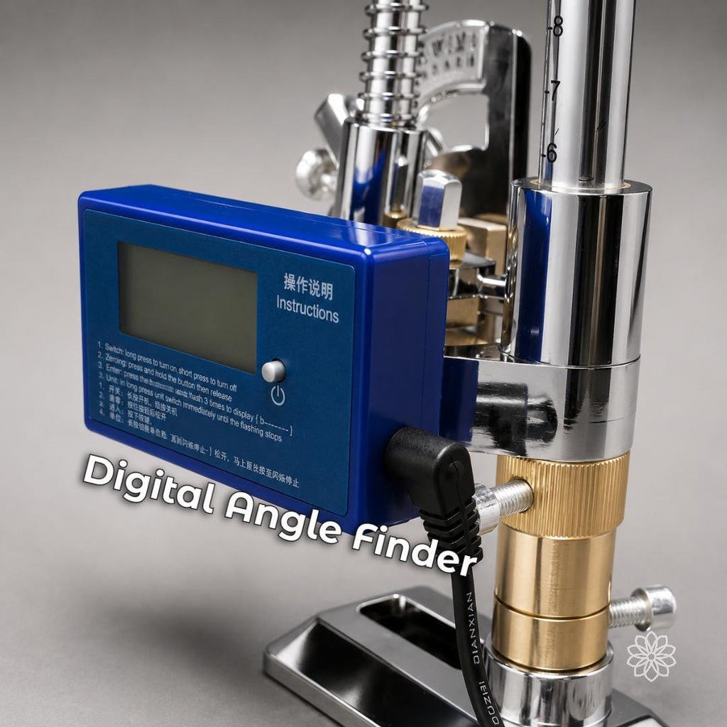 Close-up of the blue digital angle finder mounted to the faceting mast, showing the electronic angle display used to improve precision and repeatability during gem faceting.