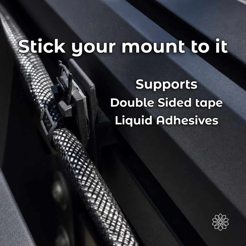 RTT cable mount shown beside a cable route and adhesive mounting context.
