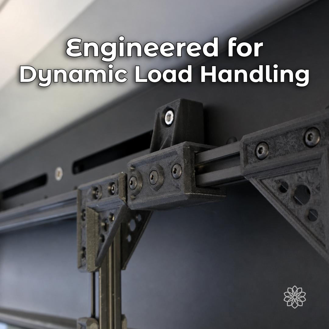 Multiple 2020 mounting brackets secured along camper extrusion under a Super Pacific interior panel.