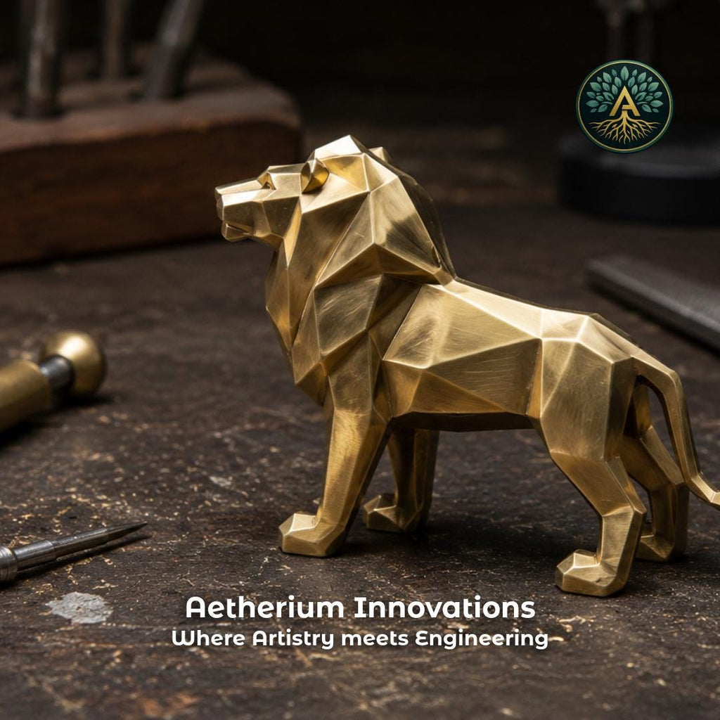 A machined brass lion on a workbench with the aetherium innovations logo and quote "aetherium innovations Where artistry meets engineereing" highlighting a brand with an exceptional focus on craftsmanship and advanced engineering.