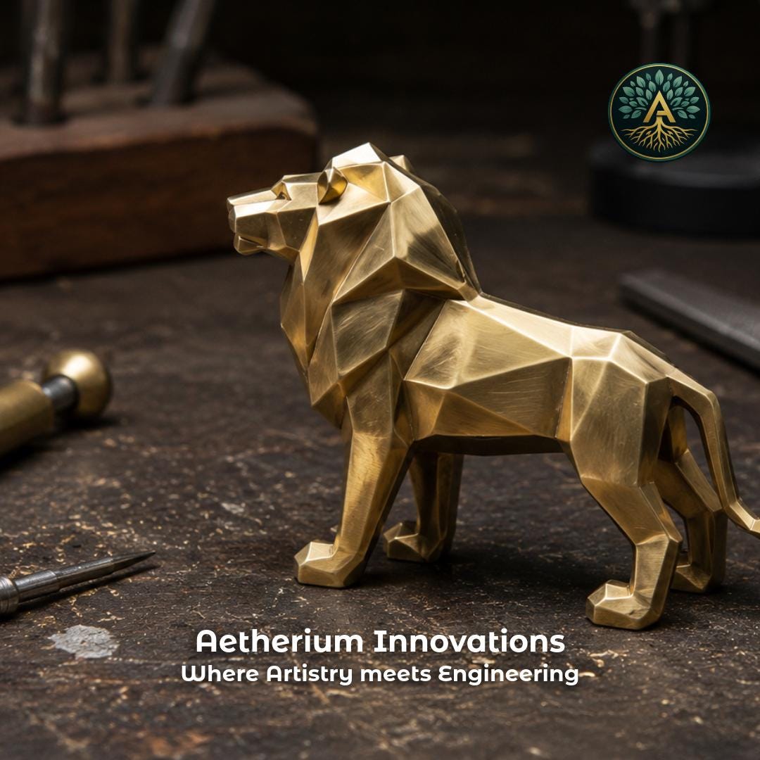 A machined brass lion on a workbench with the aetherium innovations logo and quote "aetherium innovations Where artistry meets engineereing" highlighting a brand with an exceptional focus on craftsmanship and advanced engineering.
