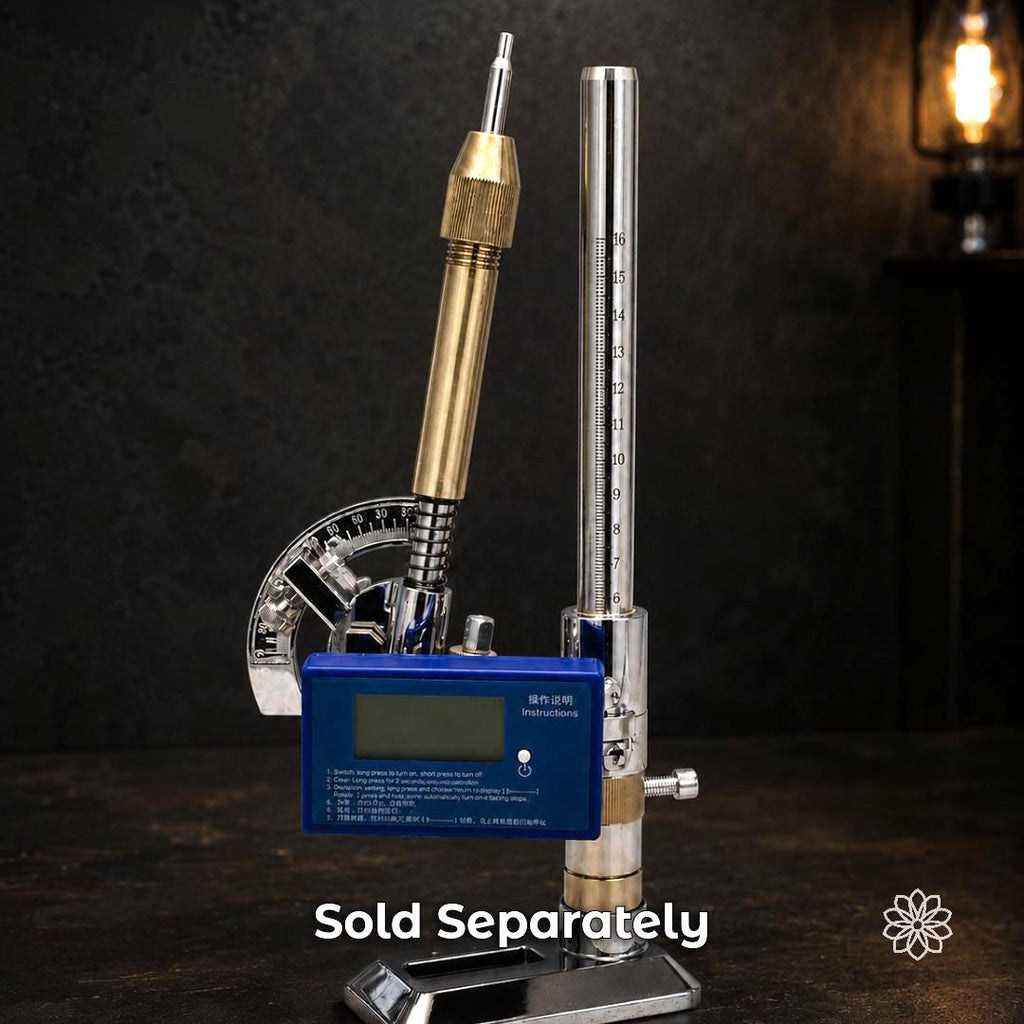 A heavy duty Gem faceting mast with digital angle finder in a warm workshop setting. 
text highlights that users should see store for more completmentary products, which are not included with the base kit.